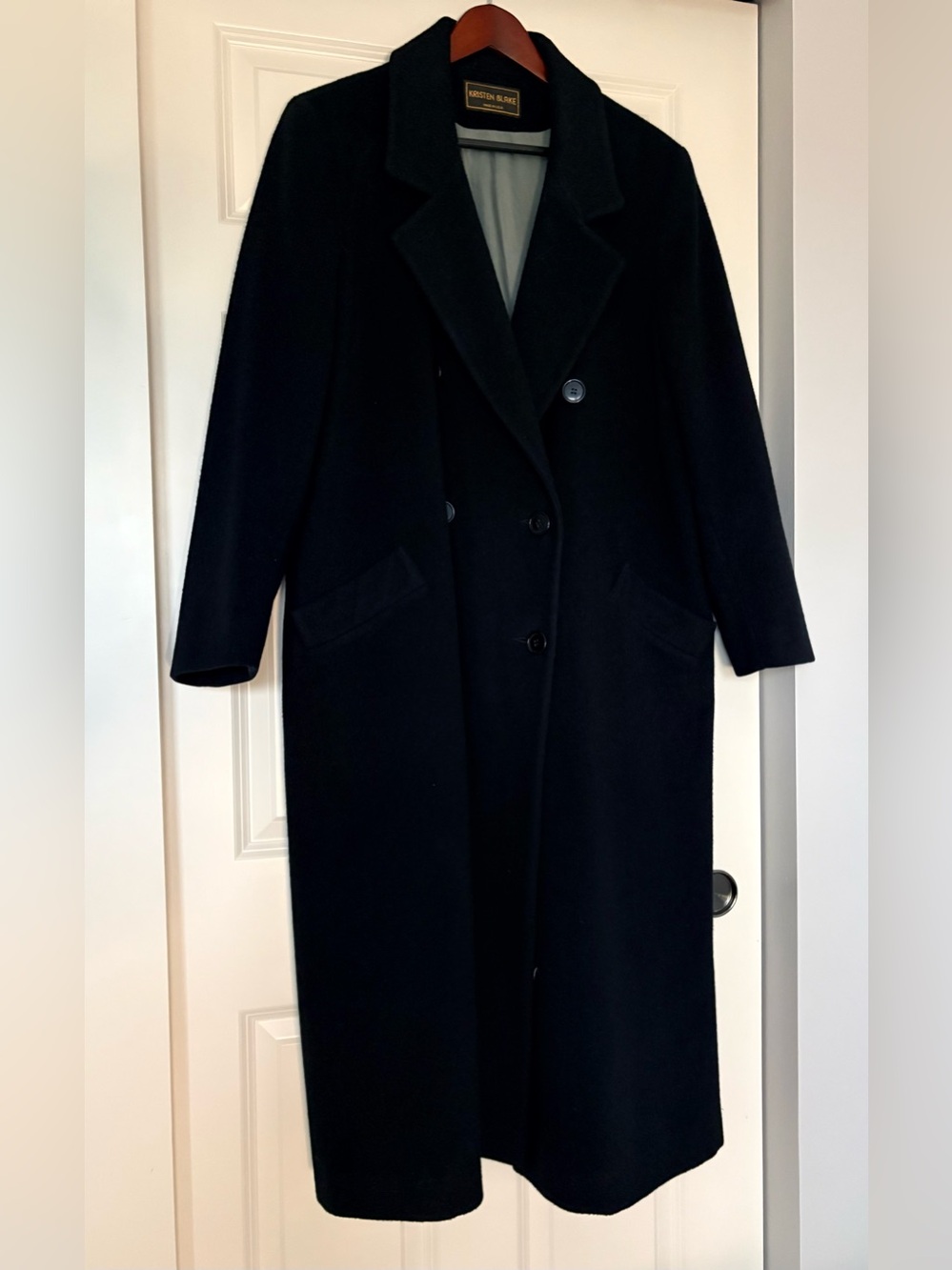 Kristen Blake Black Double-Breasted Long Wool Coat, size 14